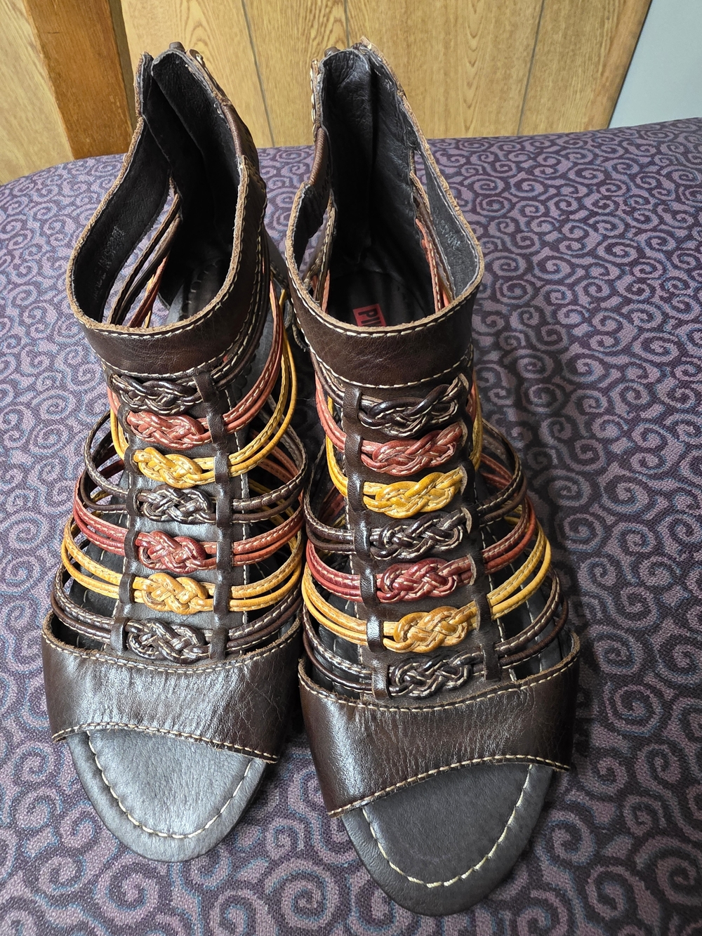PIKOLINOS Brown Leather Sandals with Yellow and Red Braided Straps